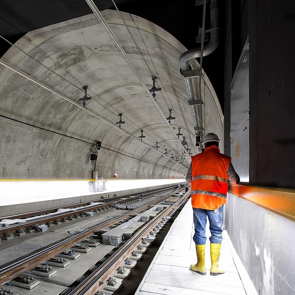 man standing beside train rail